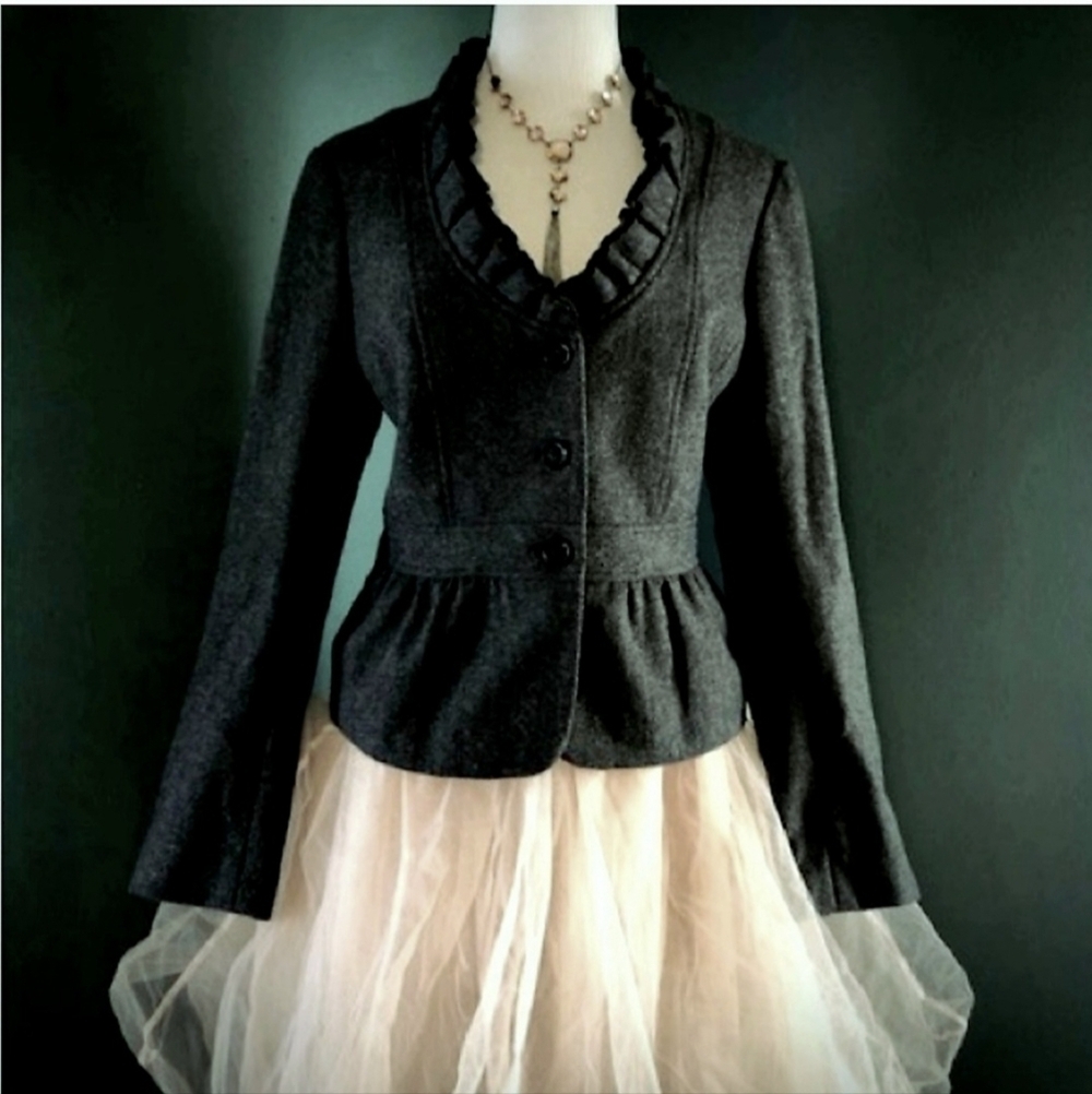 Ann Taylor Loft Petite Ruffle Collar Peplum Black Jacket Blazer XXSP Office